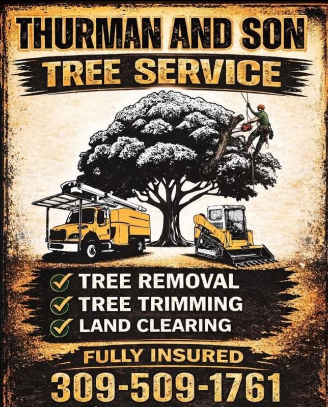 Thurman and Son Tree Service black and gold sign listing tree removal, tree trimming and land clearing services